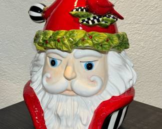 New In Box Mackenzie Childs Holiday theme cookie jar, set of 4 plates, cookie tray and set of 4 stacking mugs