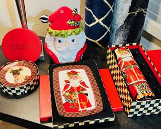 New In Box Mackenzie Childs Holiday theme cookie jar, set of 4 plates, cookie tray and set of 4 stacking mugs