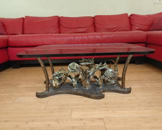 214	Vintage Brutalist Glass Top Coffee Table w/ Wrought Iron Flower Base	36x24x15