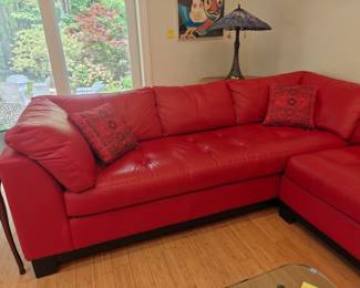 202	Red Leather One Cushion Couch - Left Side	96x36x34