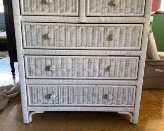 Glass topped wicker and wood 5 drawer chest