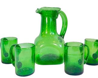 Hand Blown Green Glass Pitchers and Four Cups, BLENKO
