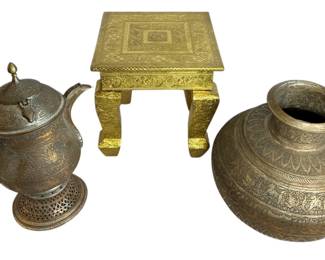Three Indian Decorative Items, Water Vessel, Table, and Samovar
