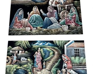 Two Large Acrylic on Black Velvet Indian Village

