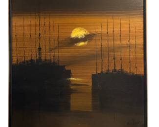 A Mid Century Nautical Sunset Oil on Canvas
