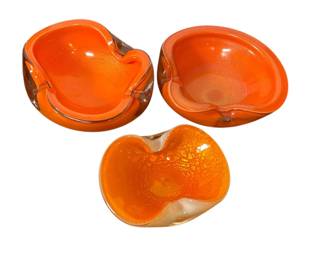 Three Orange Mid Century MURANO Art Glass Bowls
