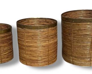 Three GABRIELLA CRESPI Style Coiled Rattan and Brass Rim Nesting Baskets
