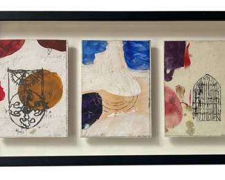 A Mid Century Signed MC ABSTRACT Mixed Media Triptych
