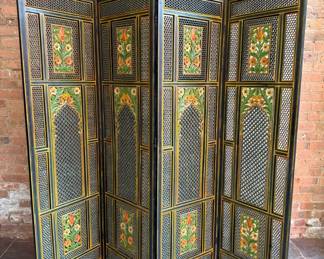 Hand Painted Three Panel Indian Fretwork Room Divider
