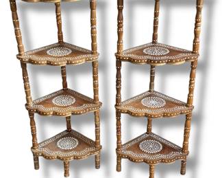 Pair of Vintage Three Tiered Inlaid Indian Corner Shelves
