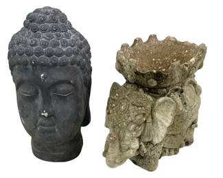 Two Asian Oriental Statues (One Elephant One Buddha Head)
