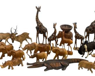 Large Collection Wood Carved and Faux Animal Hyde Figurines
