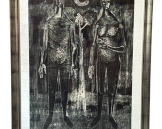 Large Scale Brutalist Adam and Eve Woodblock Print
