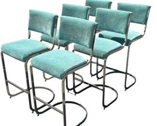 MILO BAUGHMAN Style Chrome and Mohair Bar Stools, Set of 6
