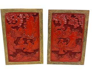 A Set of Early 20th C Asian Carved Cinnabar Bookends
