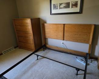 Oak chest of drawers, and queen headboard