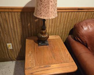 Oak end table, glass lamp