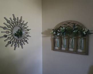 Sunburst wall hanging (one of 2) and flower vase wall hanging