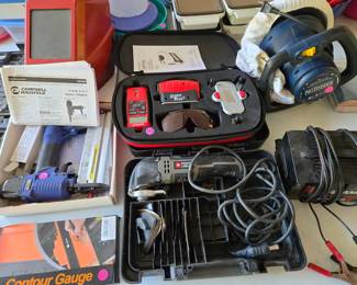 Level set, nail gun, contour gauge, batter charger, polisher