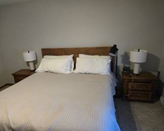 King mattress set (headboard not for sale) 2 oak nighstands
