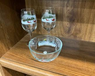 Libbey Winter Village Village Scene Wine Glasses & Bowl
