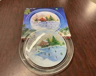 Indiana Glass Lancaster 13" Platter Winter Scene Encased in Clear Glass