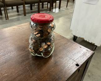 Glass Bear Jar w/Pennies