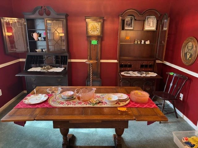 Antique 2 wall china and desk  pieces, Hand- made small grandfather clock,  Antique Table with push in Leaves, 