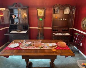 Antique 2 wall china and desk pieces, Hand- made small grandfather clock, Antique Table with push in Leaves,