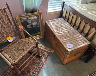 Antique Small hand-made Rocker and Wicker Chest and small Rug