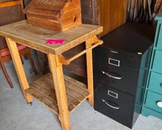 Butcher Block Kitchen Table, Bread box small filing cabinet