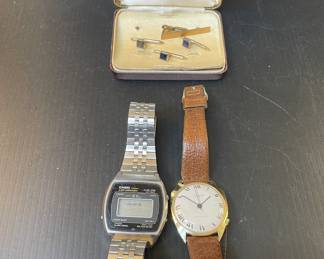 Vintage men’s tie tack set & watches by Casio & Sheffield