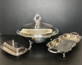 Silverplate serving dishes: Crosby, Oneida, FB Rogers