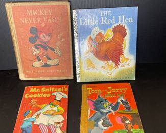 Vintage kids books: Tom & Jerry, Mr Snitzels Cookies, The Little Red Hen Mickey Never Fails