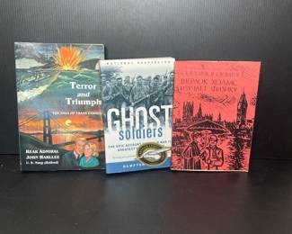 Signed copies Terror & Triumph, ghost Soldiers, and Russian copy of Sherlock Holmes Studies Physics