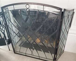 Leaded glass fireplace screen - Very very nice. Set of fireplace tools