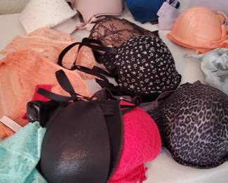 Victoria Secret 34DD bras many never worn. Also, 25-30 lace panties never worn. Shapewear and workout clothes galore. Ooo la la.