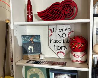 Bookshelf consisting of red wing winged logo, Sparky Anderson, Detroit Tigers