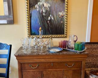 MURANO HAND PAINTED GLASS WINE SET, 8 PCS, & GLASS EYE STUDIO PITCHER SET