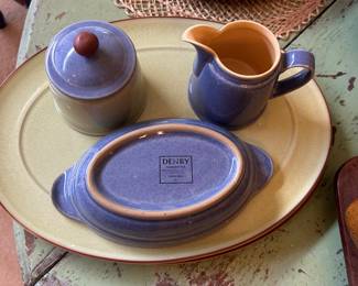 Denby set of bowls, plates, cooking pot,
Colors are green, blue, yellow with brown bottom