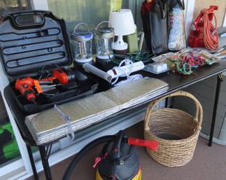 Drill set, leaf blwer, emergency lanterns, shop vac, car cleaning dusters, tools.