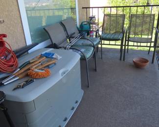 Garden tools, leaf blwer, storage chest, four patio chairs