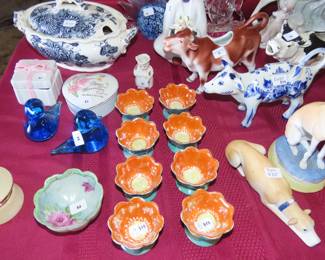 Noritake finger bowls, glass birds, English covered casserole. Three French bisque greyhounds.