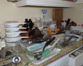 Corning ware, Pyrex, cannisters, knife set.