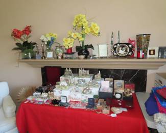 Collection of "Lilliput Lane" cottages, faux orchids, candle sticks, miniature clocks, jewelry and semi precious stones.