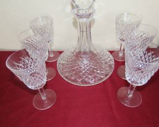 Waterford decanter and sherry glasses.