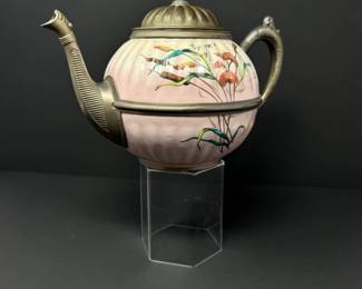 29 VintageEnamelwareTeapotwPewterTrimHandPaintedFloralDesign