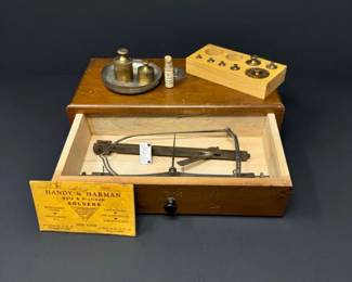 62 AntiqueJewelersBalanceScaleinWoodenBoxwWeightsWestGermany