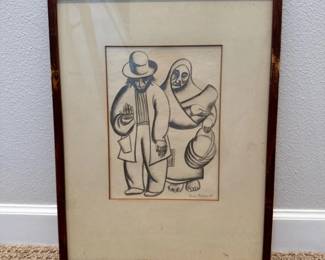 84 SignedDrawingofCoupleinTraditionalClothingFramed