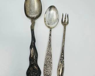 3 Sterling Silver Utensils – Spoon, Floral Teaspoon, Fork (90.9g)